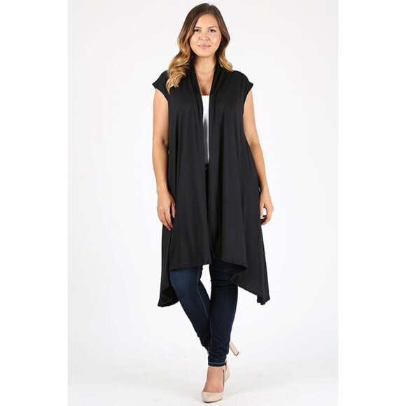 NEW PLUS SIZE SLEEVELESS SOLID LONG BODY CARDIGAN TOP - Picture 1 of 3